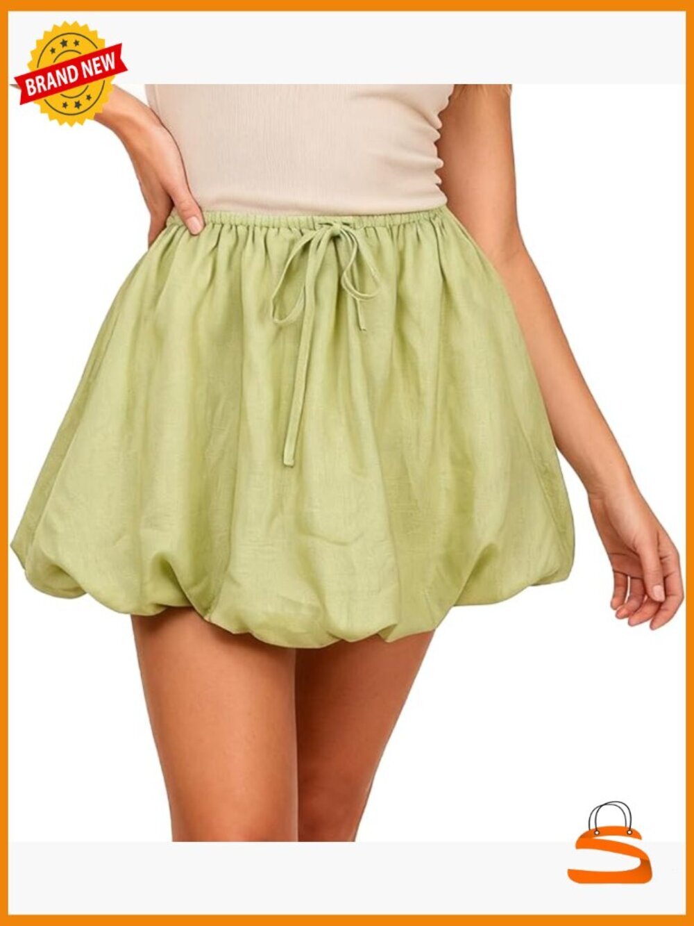 Pure Linen Bubble Mini Skirt Drawstring Elastic Casual